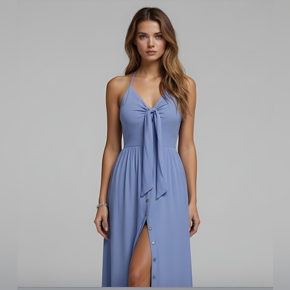 Boho Blue Knot Front Tie Back Maxi Halter Dress - Picture 6 of 8